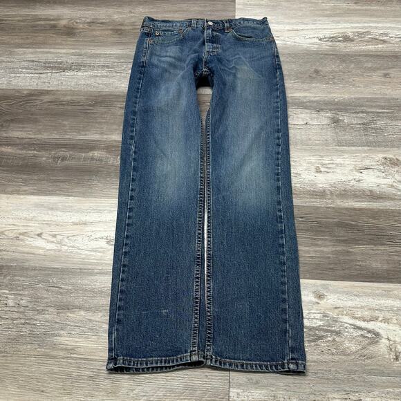 Levis 505 Mid Wash Blue Mens 32x32 Regular Straight Leg Stretch Jeans Red Tab - Picture 2 of 13